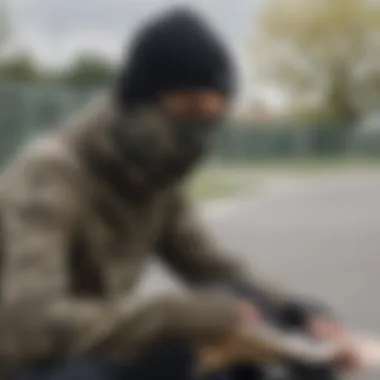 A skater adjusting their camo balaclava before a skate session