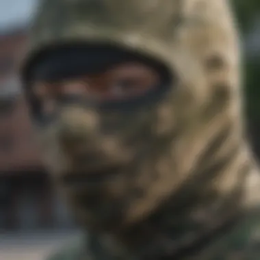 Close-up of the fabric texture and pattern of a camo balaclava