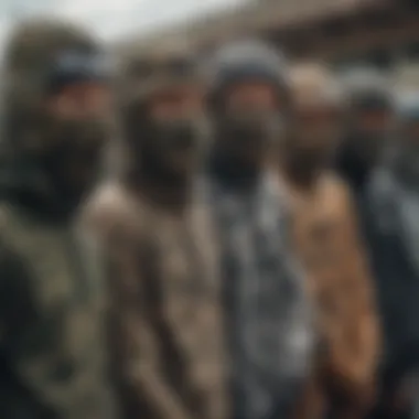 A group of skaters showcasing different styles of camo balaclavas