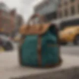 Stylish corduroy bag displayed against urban backdrop