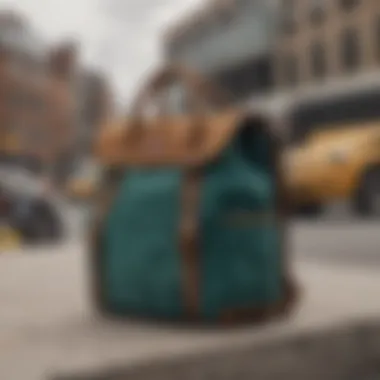 Stylish corduroy bag displayed against urban backdrop