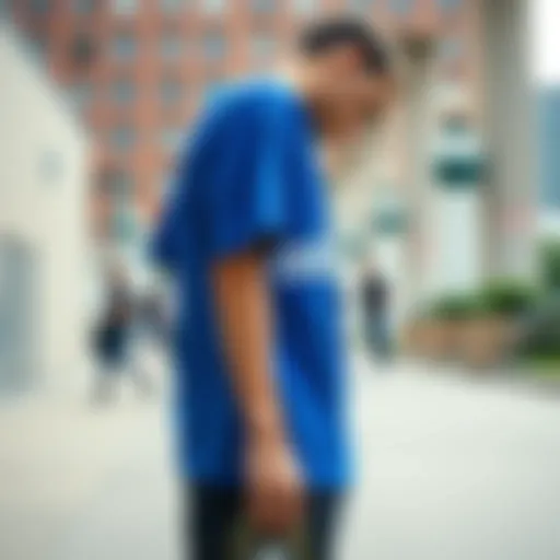 Adidas blue shirt showcased in an urban skate setting