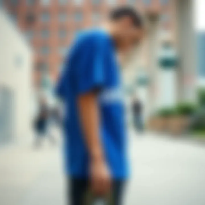 Adidas blue shirt showcased in an urban skate setting