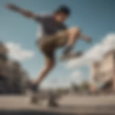 A skateboarder performing a trick while wearing cargo shorts.