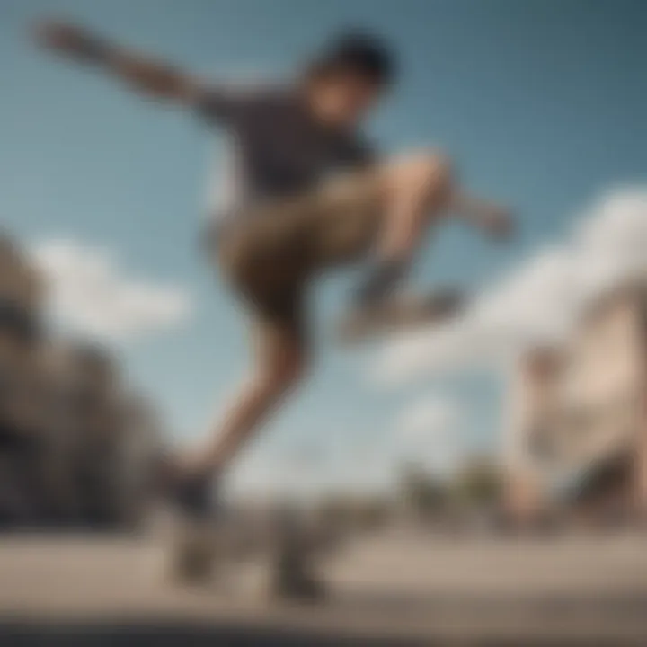 A skateboarder performing a trick while wearing cargo shorts.