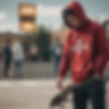 A skater wearing a stylish hoodie, blending into a dynamic urban skate scene.