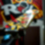 A vibrant skateboard deck showcasing unique graphic designs