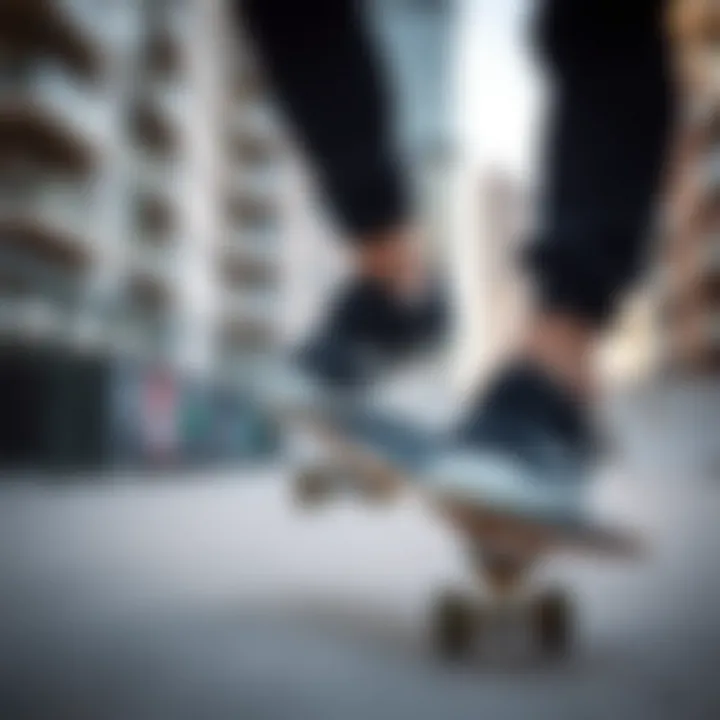 Urban Skateboarding with Style Skateboarder wearing all black velcro shoes in an urban skate park setting