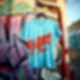 Aqua blue tee shirt displayed against a graffiti backdrop, showcasing skate culture aesthetics.
