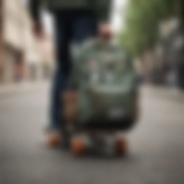 Teenager using a backpack while riding a skateboard