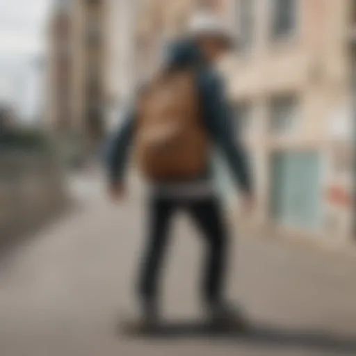 A skateboarder showcasing a backpack with hidden compartments