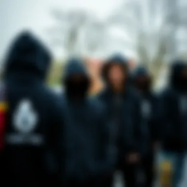A group of skateboarders wearing black full zip up hoodies at a skate park