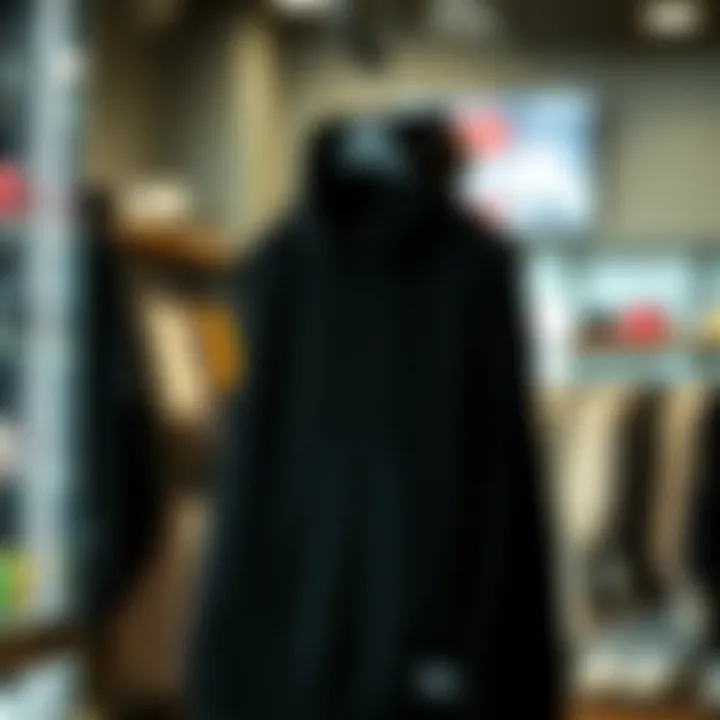 Trendy black sleeveless hoodie hanging in a trendy boutique