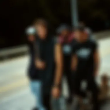 Group of skateboarders showcasing different styling options with black sleeveless hoodies