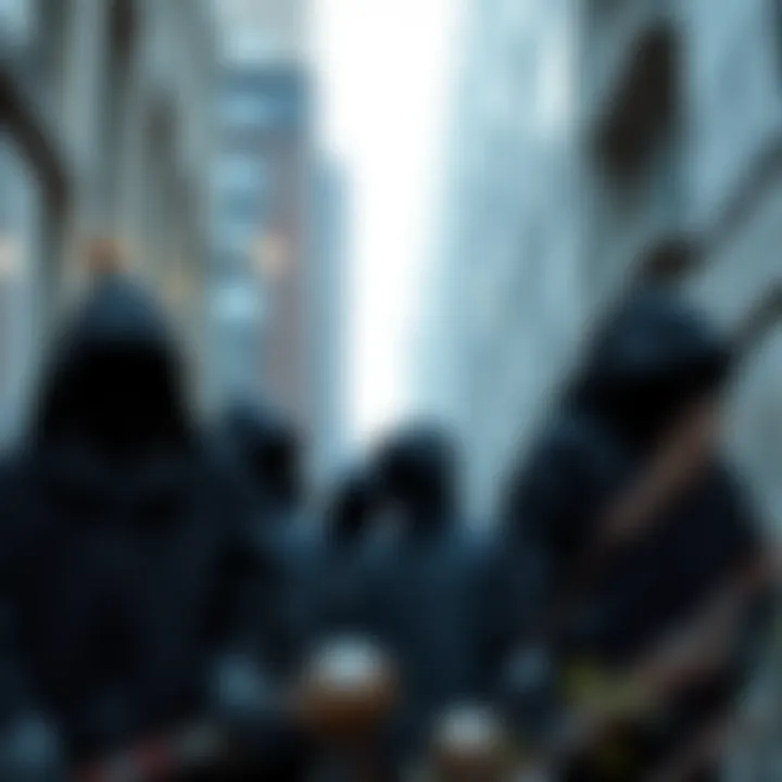 A collection of black tech jackets displayed in a stylish urban environment.