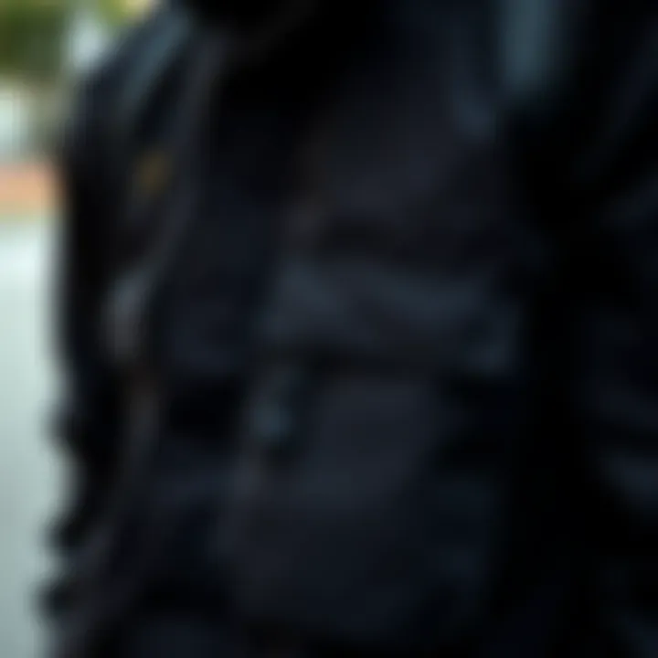 Detailed view of the design features and pockets of the black tech jacket.