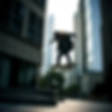 A skateboarder wearing a black tech jacket while performing a trick in an urban setting.