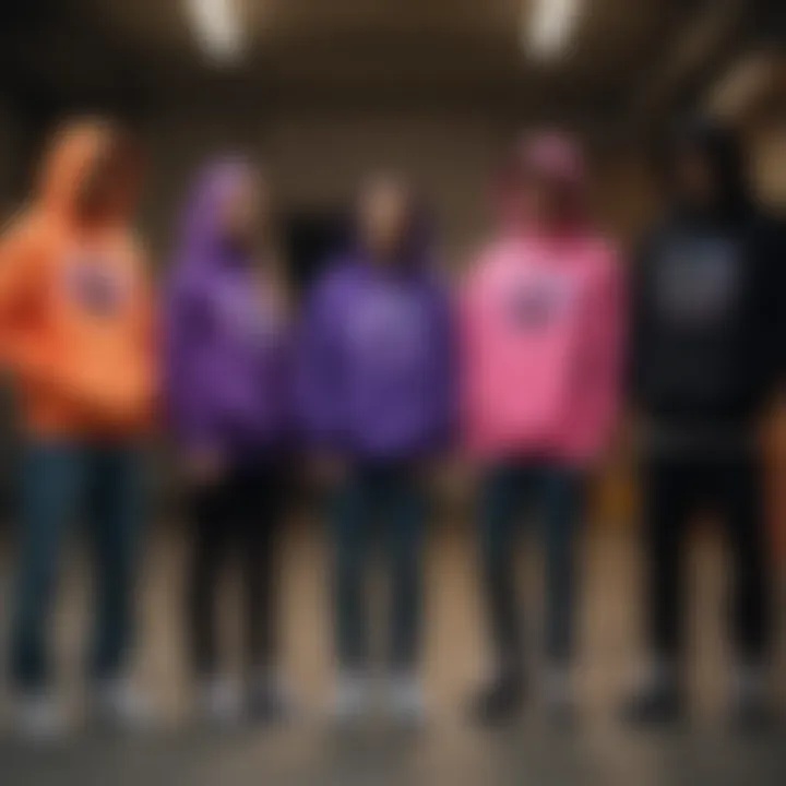 Group of skaters showcasing various blacklight hoodie designs