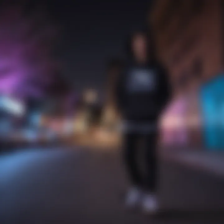 Skater wearing a blacklight hoodie at night in an urban setting