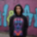 Stylish blacklight hoodie displayed against a graffiti wall