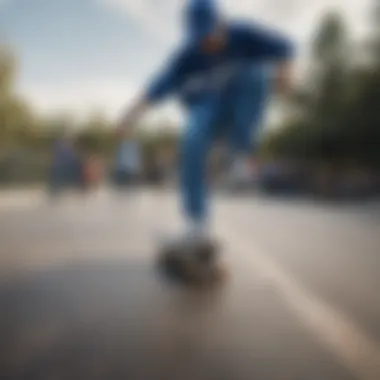 Dynamic street scene featuring skateboarders in blue Adidas gear