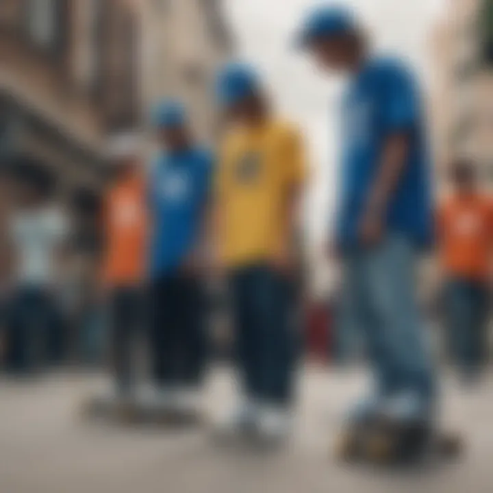 Group of skateboarders in a vibrant urban setting wearing blue Adidas