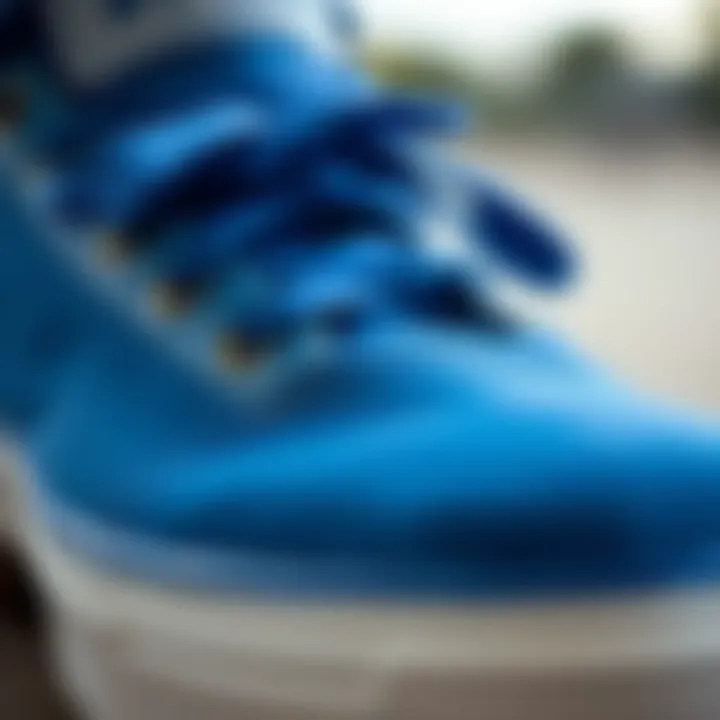 Close-up of the materials used in blue skating shoes, emphasizing texture and quality