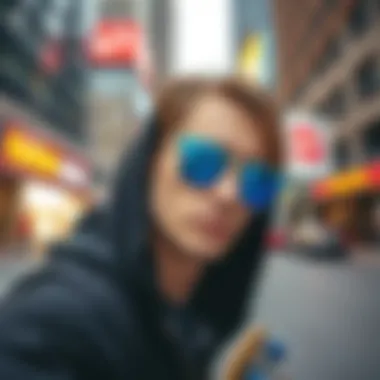 Skateboarder wearing blue Ray-Bans with a vibrant city backdrop
