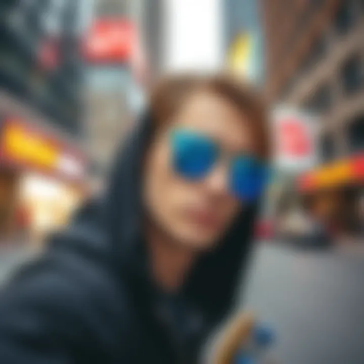 Skateboarder wearing blue Ray-Bans with a vibrant city backdrop