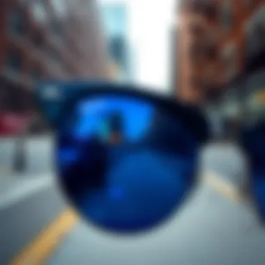 Urban Reflections in Blue Tints Close-up of blue tinted lenses reflecting urban skate scenes