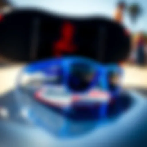 Vibrant blue Wayfarer sunglasses with a skateboard backdrop