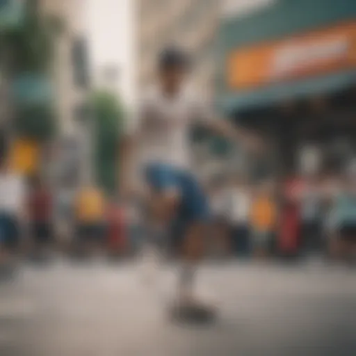 A vibrant street scene showcasing skaters in Champion shorts