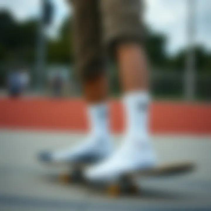 A fashionable outfit featuring white socks integrated with skate apparel.