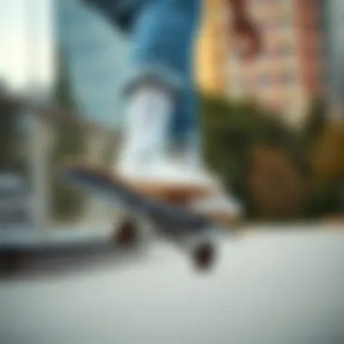 A skateboarder wearing stylish white socks while performing a trick.