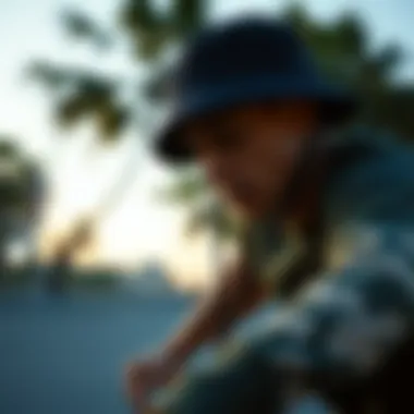 A skater wearing a bucket hat with string while performing tricks