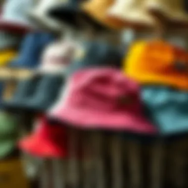 Variety of bucket hat styles displayed on a rack
