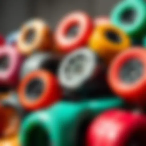 A close-up view of various dance skate wheels showcasing unique designs and colors