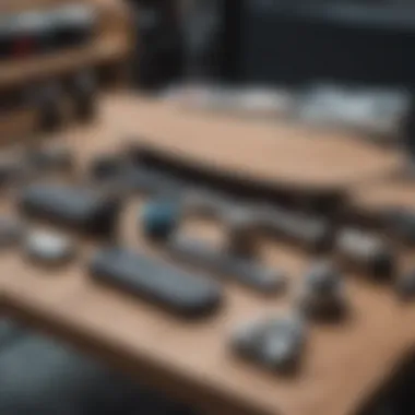 Skateboard maintenance tools displayed on a table