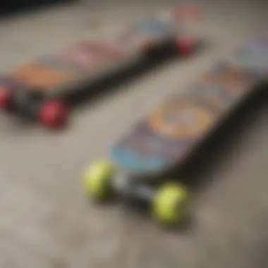 A variety of Decathlon skateboards showcasing unique designs and colors