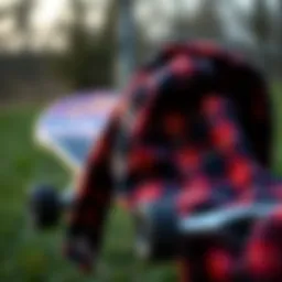 A classic Dickeys flannel draped over a skateboard
