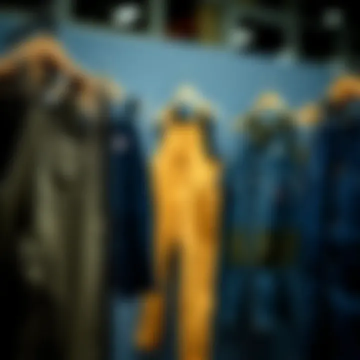 Various styles of Dickies overalls on display