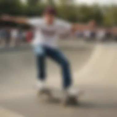 Dynamic Movement in Dickies Skater performing tricks in Dickies pants at a skatepark