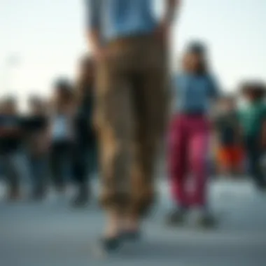 Group of skaters wearing cargo pants, representing community and culture.