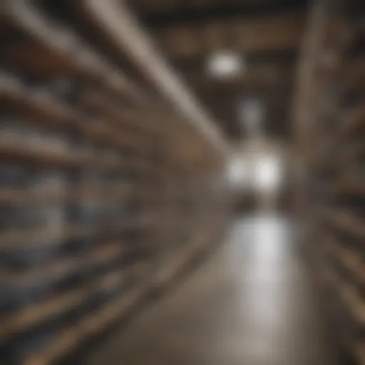 A skateboard warehouse interior showcasing organized racks of skateboards