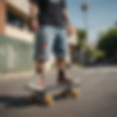 Popular Brands in Skate Culture A collection of popular athletic shorts brands favored by skateboarders, displayed in a streetwear setting.