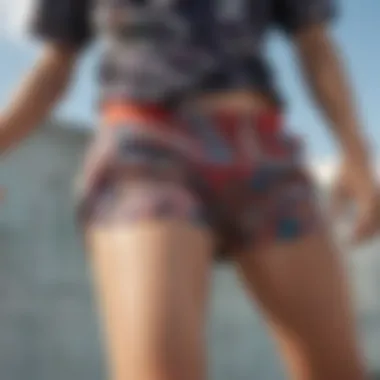 Vibrant Athletic Shorts in Skate Culture A vibrant pair of athletic shorts showcasing unique patterns and textures suitable for skateboarding.