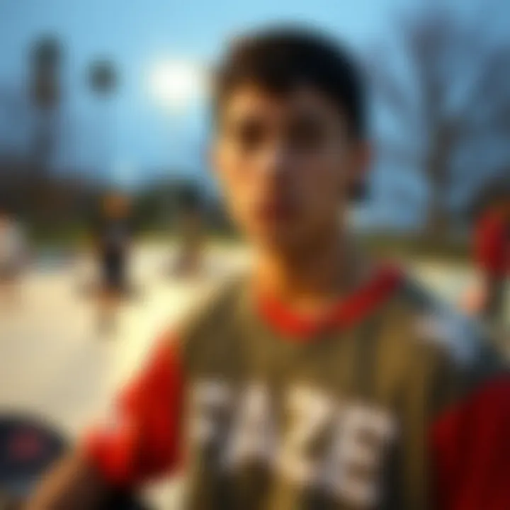 A vibrant skate park scene showcasing Faze Merch