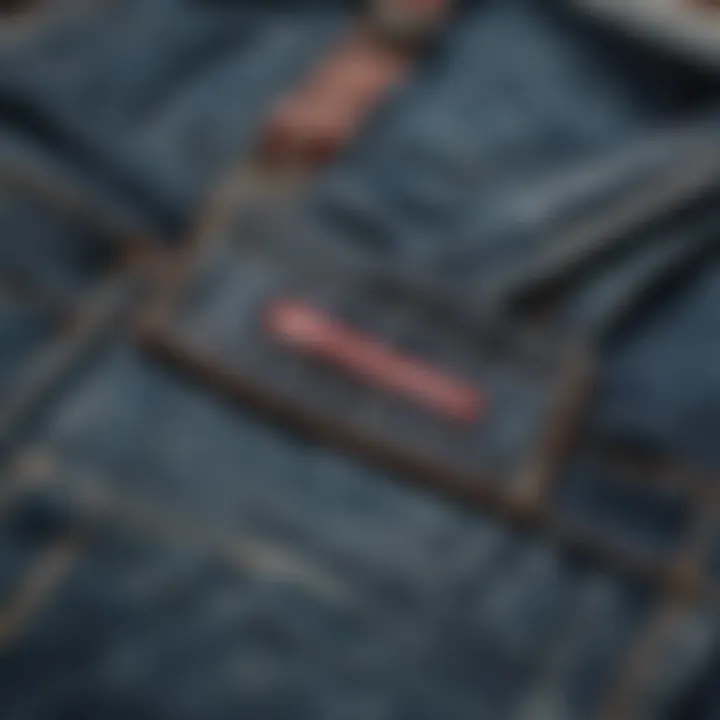 Close-up of the unique design elements of fitted jean overalls, showcasing stitching and fabric texture