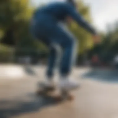 A skateboarder wearing fitted jean overalls while performing a trick at a skate park