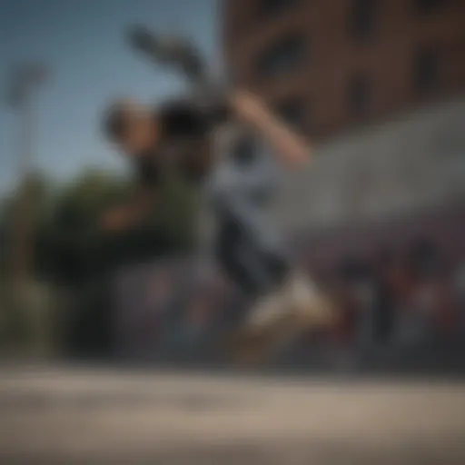 A skateboarder executing a complex freestyle trick